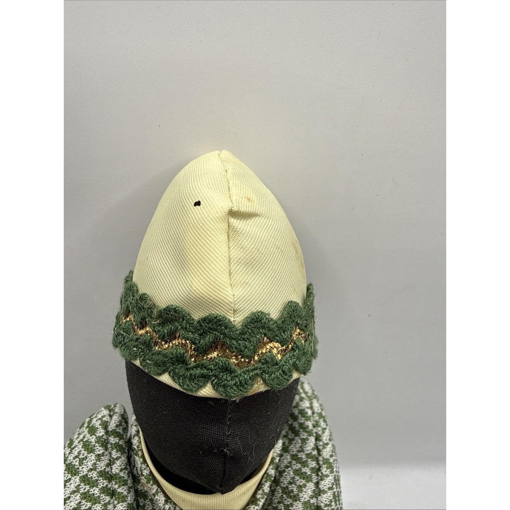 Vintage Handmade Folk Art Black Cloth Doll Green Tweed Coat Dress Cup of Candy - Picture 3 of 12